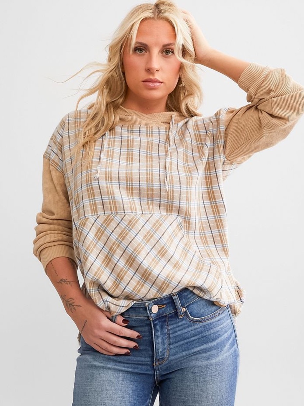 BKE |  Buckle Tan Plaid Crewneck Hoodie w/kangaroo Pocket Sz L - Picture 8 of 11